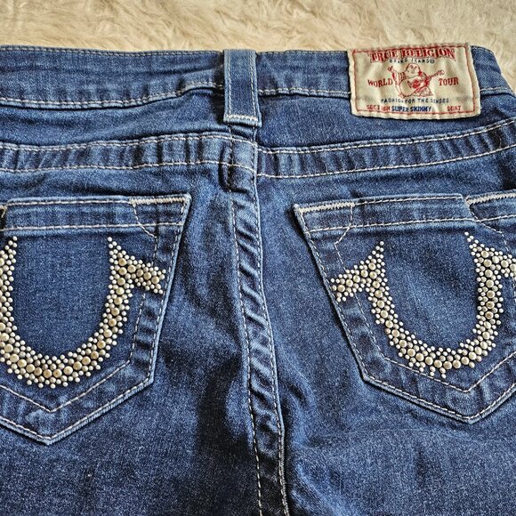 True Religion Women's Blue Supper Skinny Bejeweled Rhinestone Pocket Jeans 24 - Picture 10 of 10